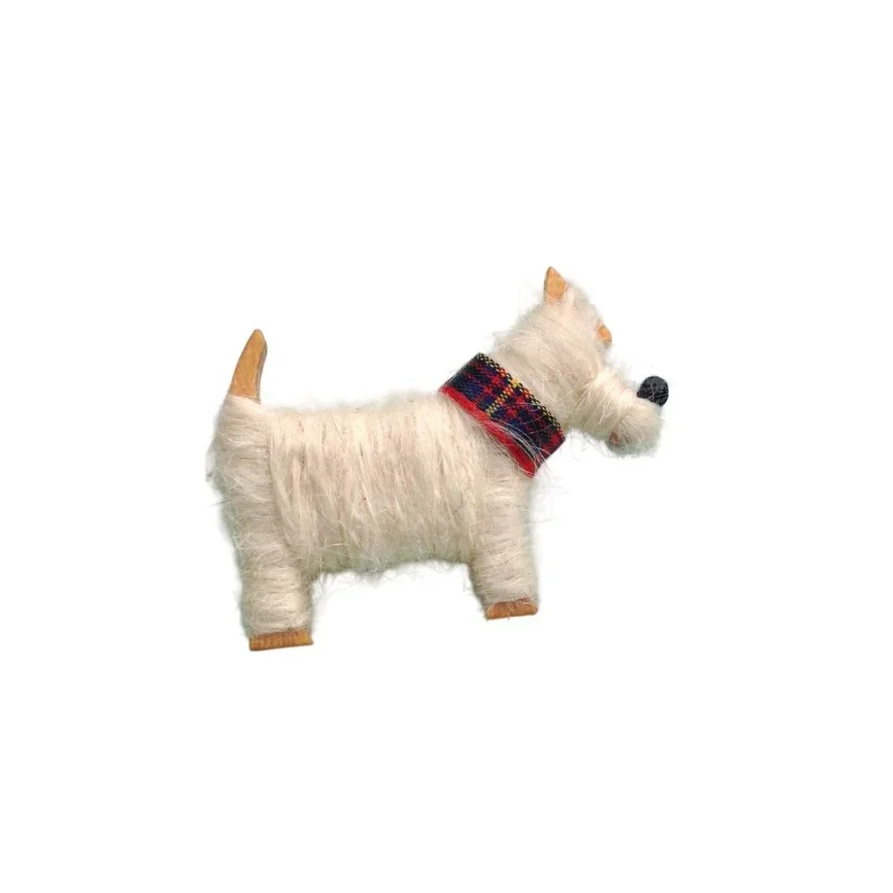 Artisan Brooch Scottish Shetland Wool, Tartan Plaid + Wood Scottie Terrier Dog